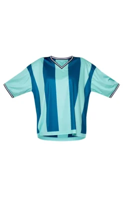 Green Striped V Neck Oversized Football T Shirt