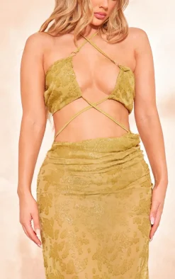 Green Textured Floral Chiffon Cross Front Maxi Dress