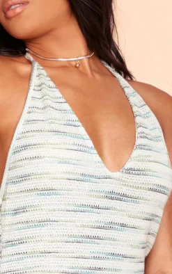 Green Textured Halterneck Backless Maxi Dress