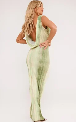 Green Tie Dye Print Plisse Cowl Plunge Maxi Dress