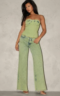 Green Tint Acid Wash Raw Hem Wide Leg Jeans