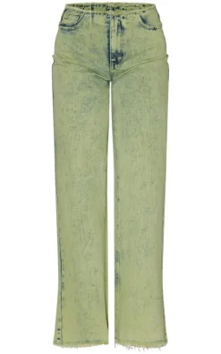 Green Tint Acid Wash Raw Hem Wide Leg Jeans