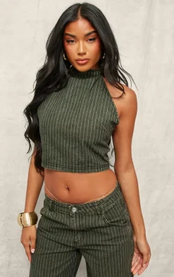 Green Tint Vintage Pinstripe Halterneck Denim Top