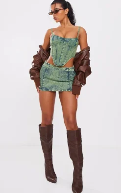 Green Tint Vintage Wash Curved Hem Denim Corset Top