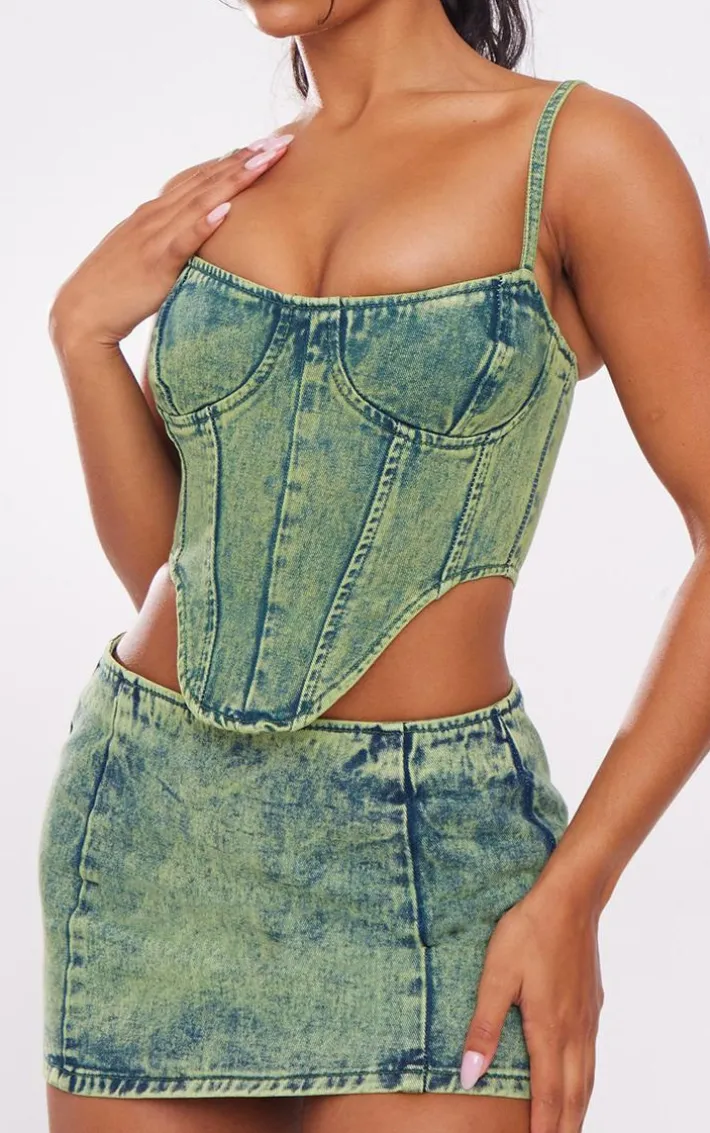 Green Tint Vintage Wash Curved Hem Denim Corset Top