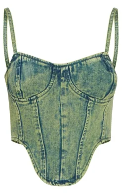 Green Tint Vintage Wash Curved Hem Denim Corset Top
