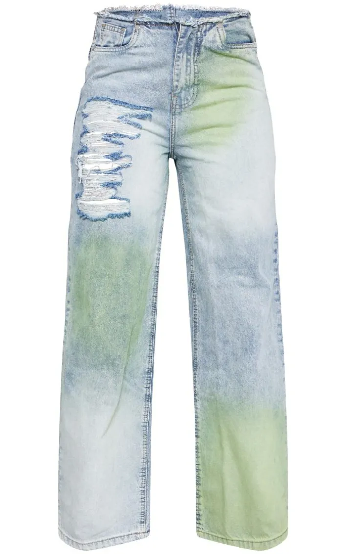 Green Tint Vintage Wash Distressed Seam Detail Wide Leg Jeans