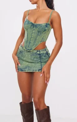 Green Tint Vintage Wash Low Rise Denim Mini Skirt
