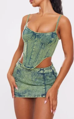 Green Tint Vintage Wash Low Rise Denim Mini Skirt