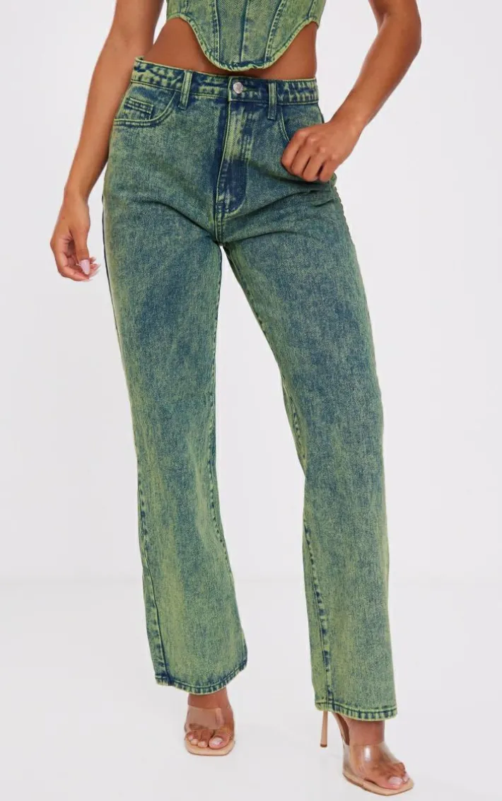 Green Tint Vintage Wash Mid Rise Wide Leg Jeans