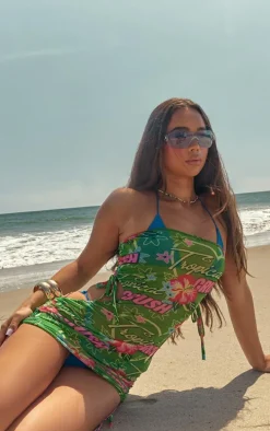 Green Tropical Print Ruched Bandeau Cut Out Bodycon Dress