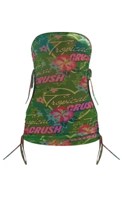 Green Tropical Print Ruched Bandeau Cut Out Bodycon Dress