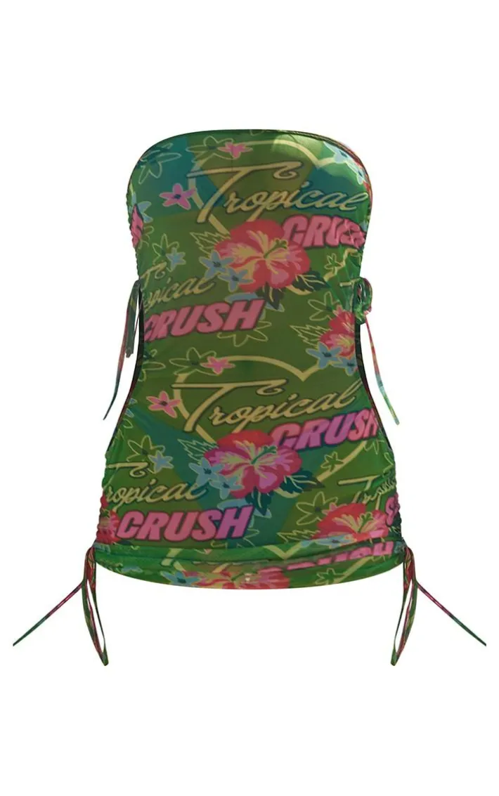 Green Tropical Print Ruched Bandeau Cut Out Bodycon Dress