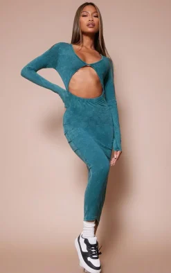Green Washed Cotton Cut Out Long Sleeve Midaxi Dress
