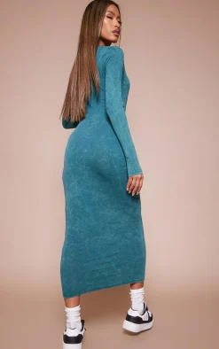 Green Washed Cotton Cut Out Long Sleeve Midaxi Dress