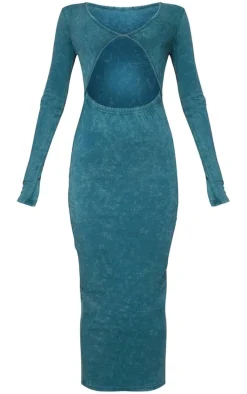 Green Washed Cotton Cut Out Long Sleeve Midaxi Dress