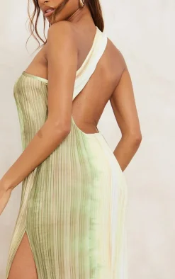 Green Watercolour Plisse One Shoulder Scoop Back Maxi Dress