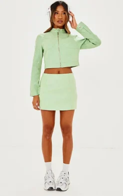 Green Waxed Denim Seam Detail Mini Skirt