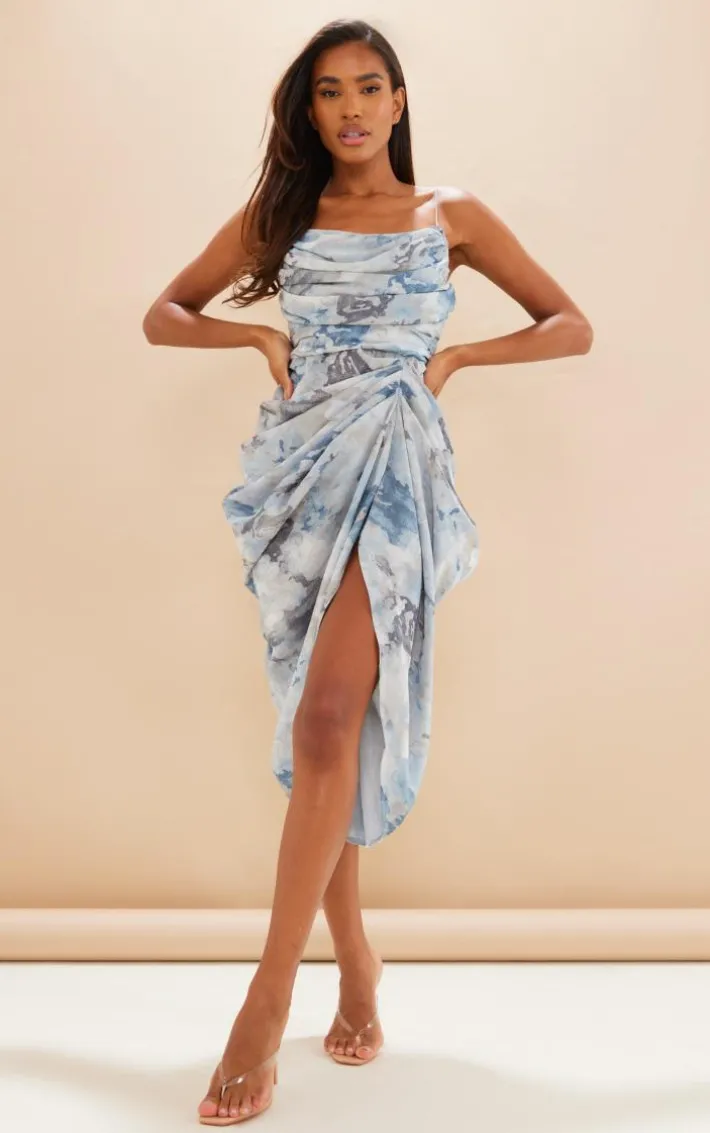 Grey Abstract Print Chiffon Ruched Drape Midi Dress