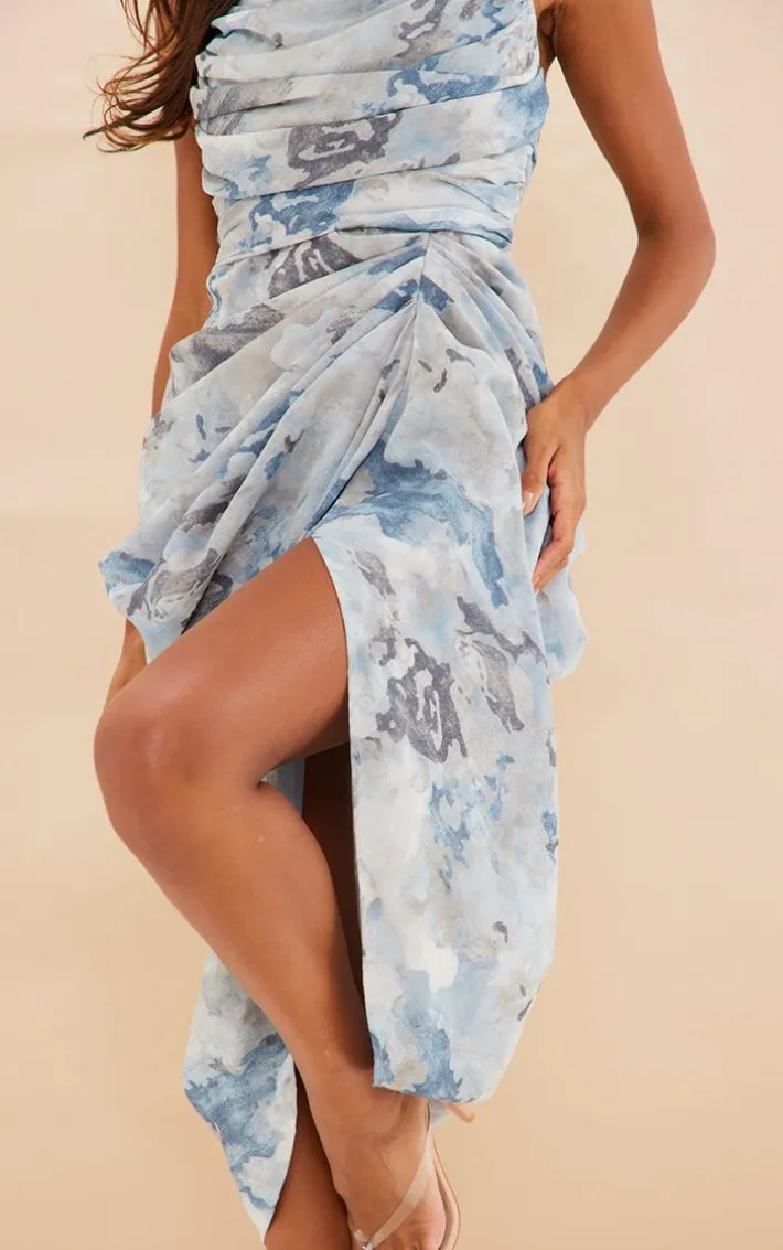 Grey Abstract Print Chiffon Ruched Drape Midi Dress