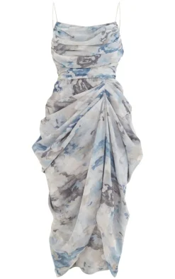 Grey Abstract Print Chiffon Ruched Drape Midi Dress