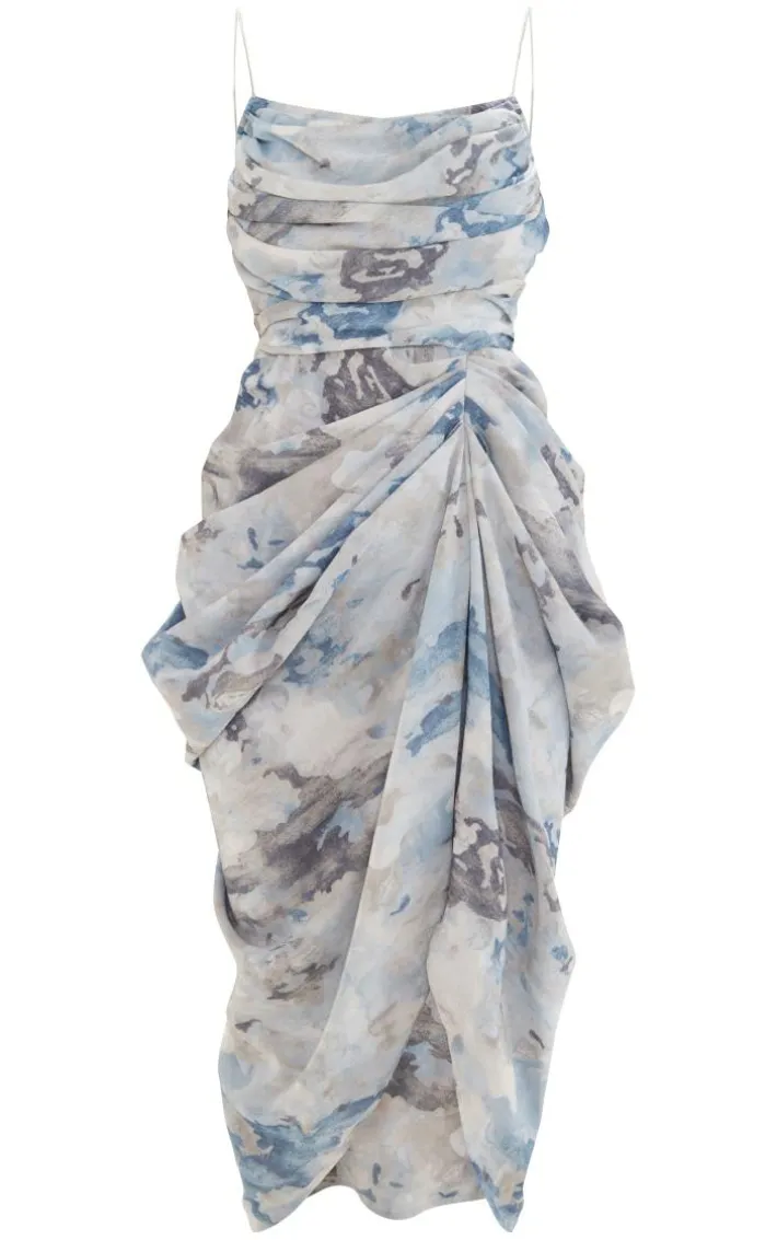 Grey Abstract Print Chiffon Ruched Drape Midi Dress