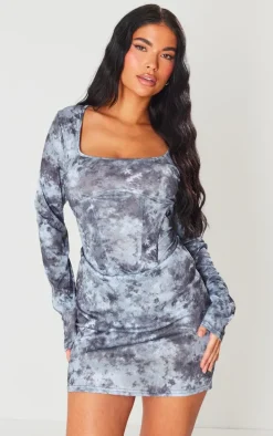 Grey Abstract Rib Corset Seam Square Neck Mini Bodycon Dress