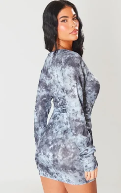 Grey Abstract Rib Corset Seam Square Neck Mini Bodycon Dress