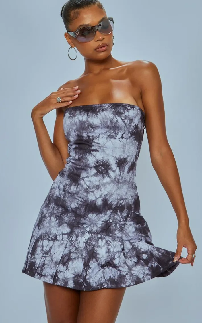 Grey Acid Wash Bandeau Pleated Shift Dress