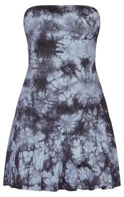 Grey Acid Wash Bandeau Pleated Shift Dress