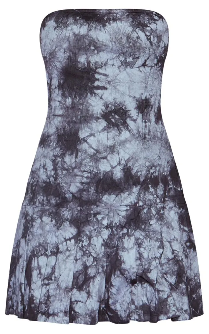 Grey Acid Wash Bandeau Pleated Shift Dress