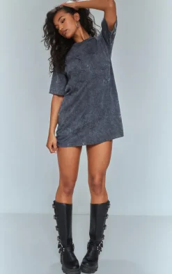 Grey Acid Wash Cross Applique T Shirt Dress
