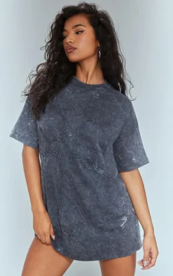Grey Acid Wash Cross Applique T Shirt Dress