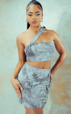 Grey Acid Wash Strap Detail Cargo Bodycon Dress