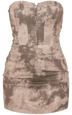 Grey Acid Wash Twill Binded Bandeau Bodycon Dress