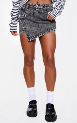 Grey Acid Wash Wrap Denim Mini Skirt