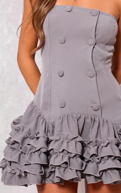 Grey Bandeau Frill Button Down Mini Dress