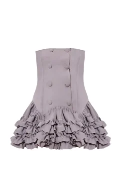 Grey Bandeau Frill Button Down Mini Dress