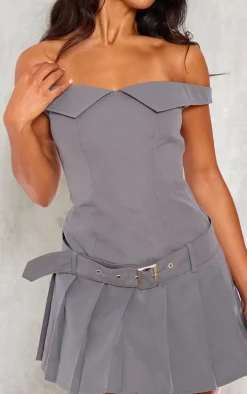 Grey Bardot Belted Pleated Shift Dress