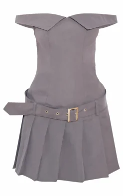Grey Bardot Belted Pleated Shift Dress