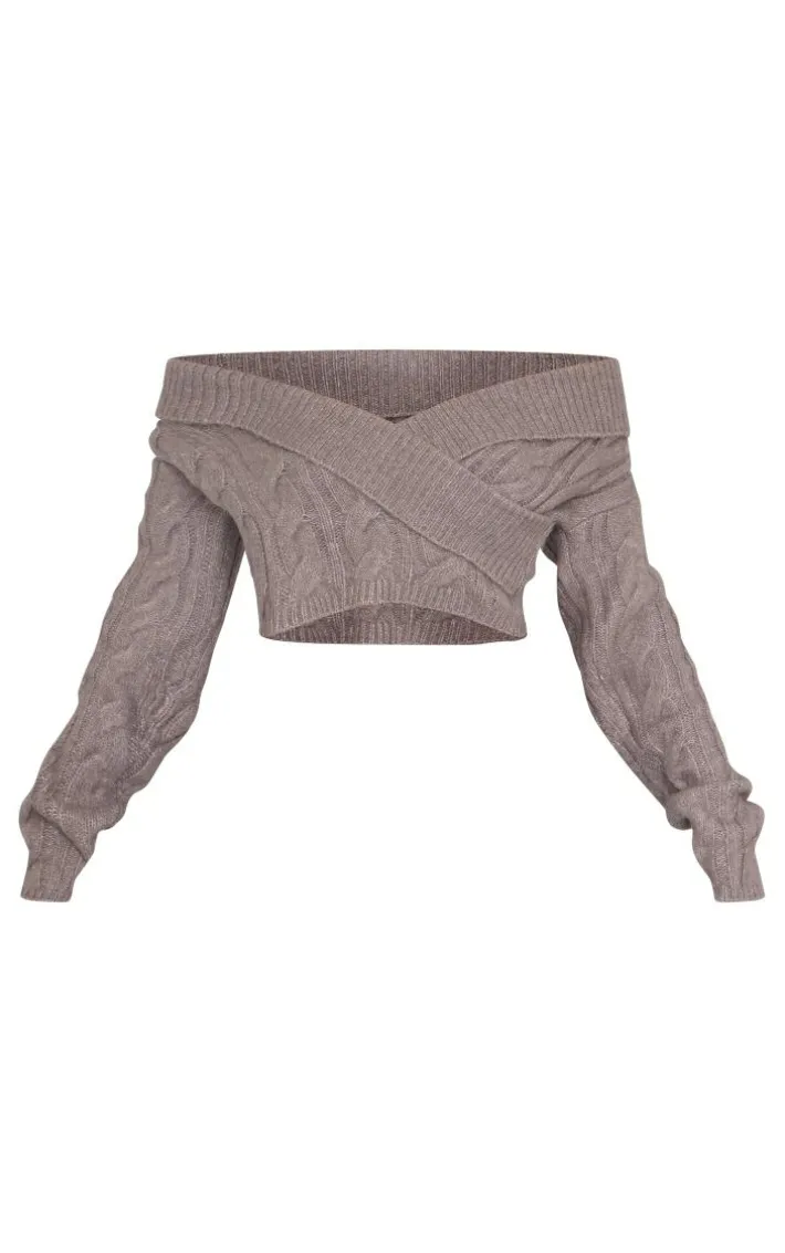 Grey Bardot Foldover Detail Cropped Sweater