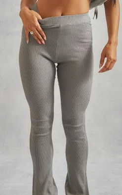 Grey Basic Rib Knit Kick Flare Pants
