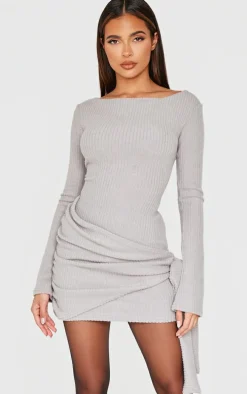 Grey Brushed Rib Tie Waist Detail Bodycon Dress