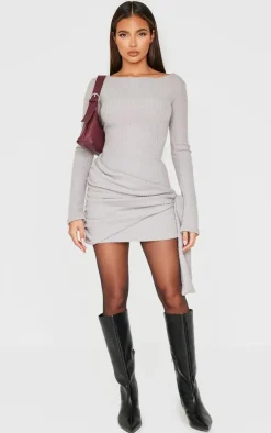 Grey Brushed Rib Tie Waist Detail Bodycon Dress