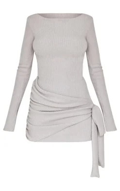 Grey Brushed Rib Tie Waist Detail Bodycon Dress