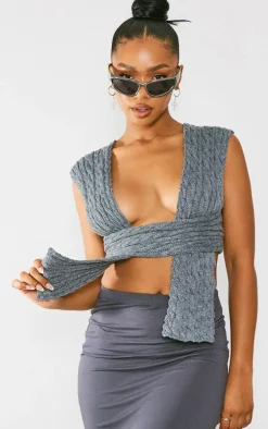 Grey Cable Knit Wrap Multi Way Top