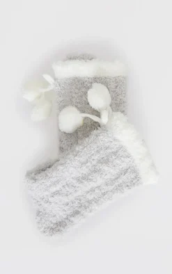 Grey Cable Pom Pom Cosy Socks