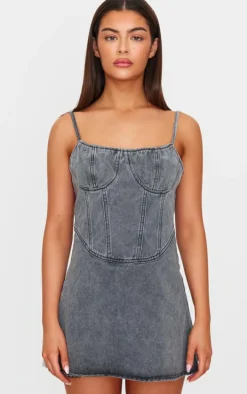 Grey Cami Strap Bustier Denim Mini Dress