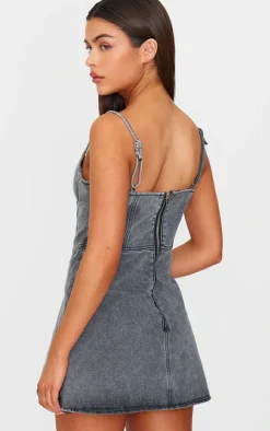 Grey Cami Strap Bustier Denim Mini Dress