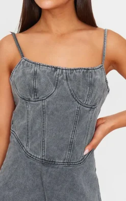 Grey Cami Strap Bustier Denim Mini Dress